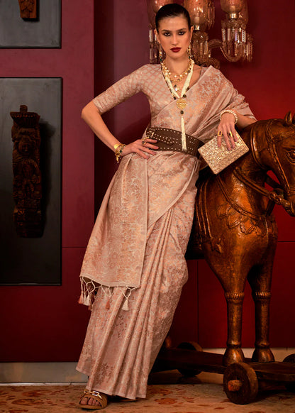 Peach color handloom silk weaving saree for women price
