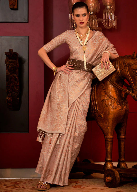 Peach color handloom silk weaving saree for women price
