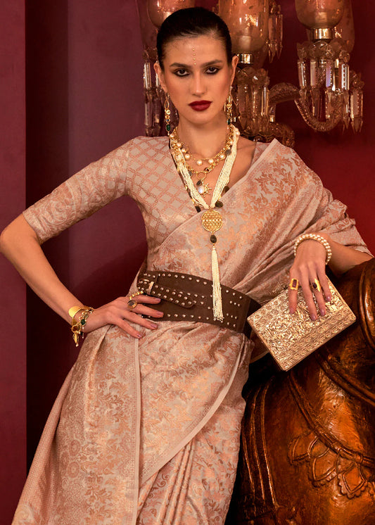 Peach color handloom silk weaving saree for women online
