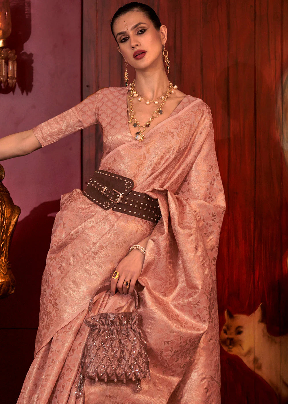 Pink color handloom silk saree with blouse