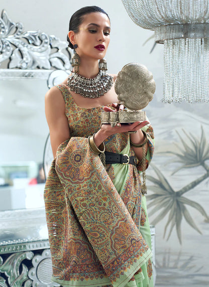 Pista color handloom silk saree with blouse online