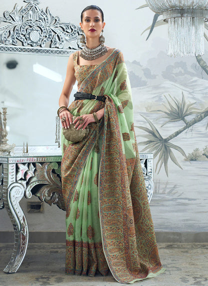 Pista color handloom silk saree for women