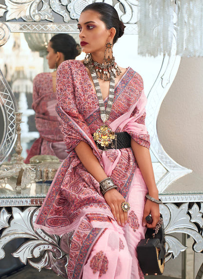 Pink color handloom silk weaving saree images