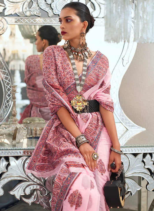 Pink color handloom silk weaving saree images