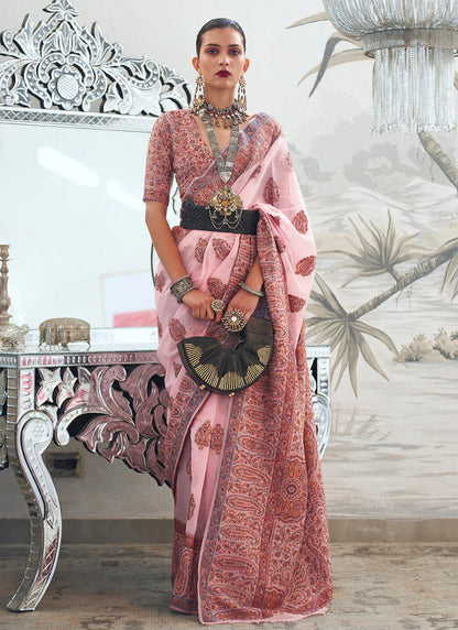 Pink color handloom silk weaving saree for women