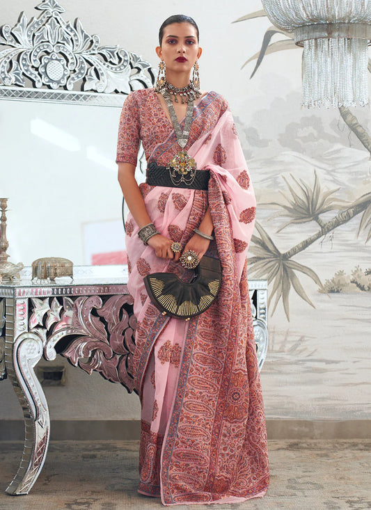 Pink color handloom silk weaving saree for women
