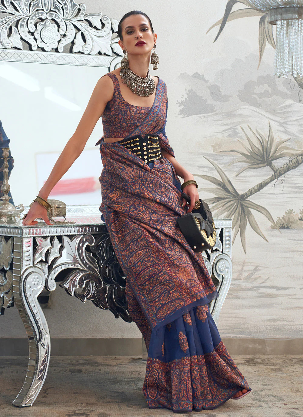 Navy blue color handloom silk weaving saree for women