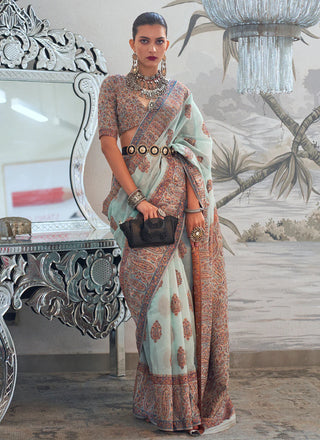 Sky color handloom silk saree for women