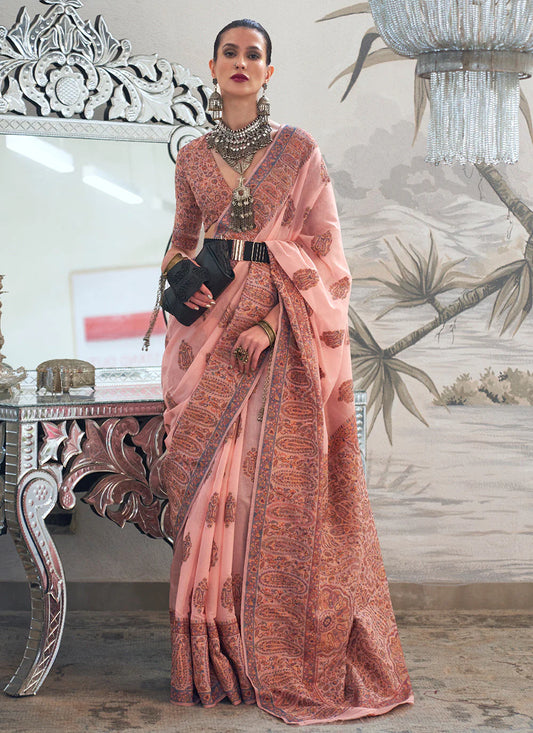 Peach color handloom silk saree for women