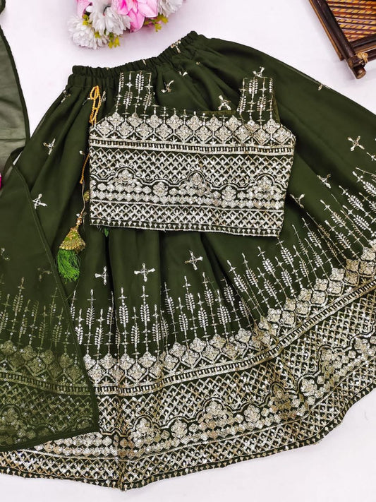 small girls green color georgette lehenga choli for wedding