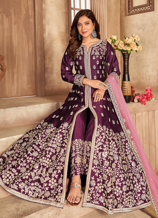 Wine chinon silk salwar suit for women with dupatta
