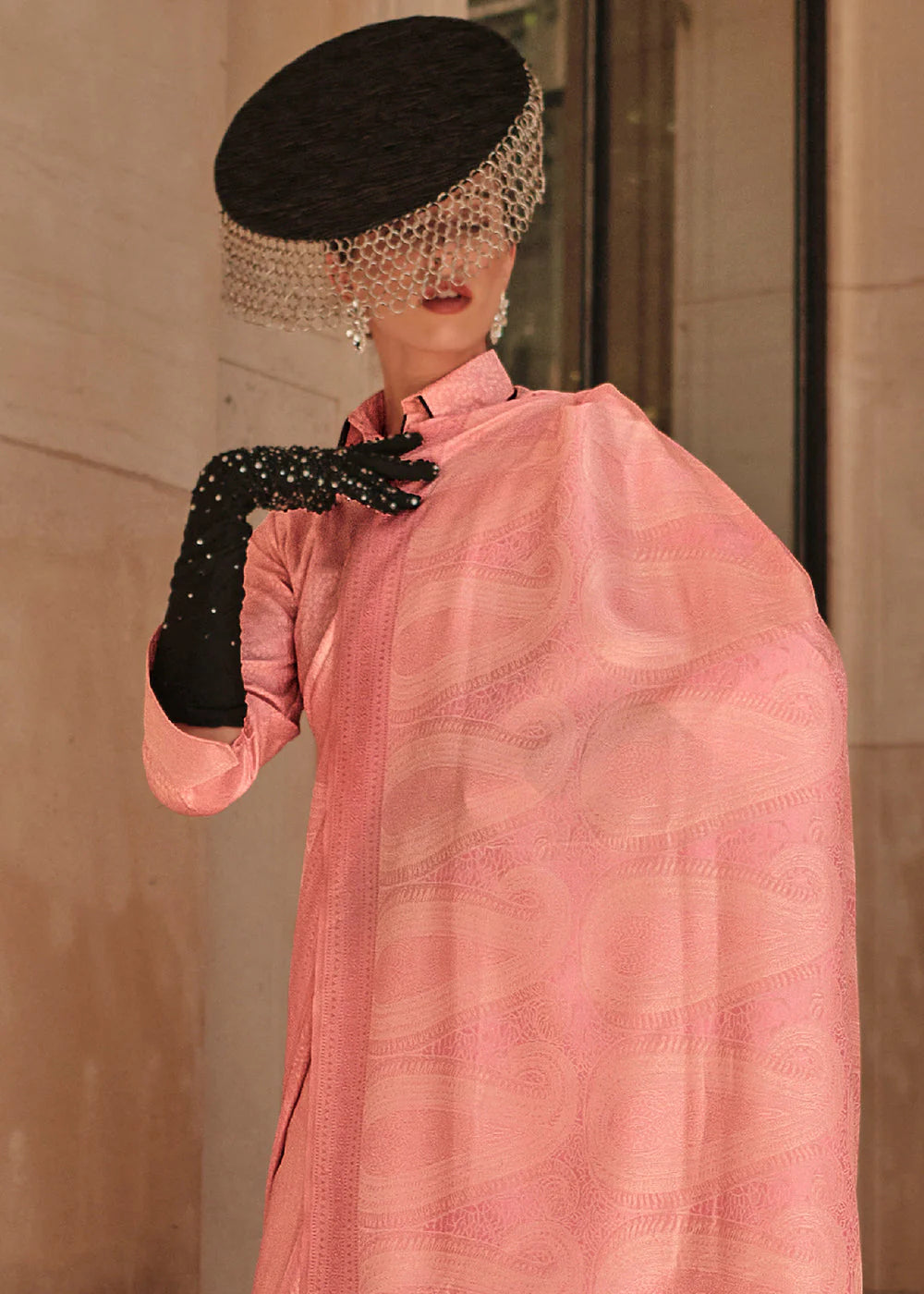 Peach color satin silk saree with blouse images