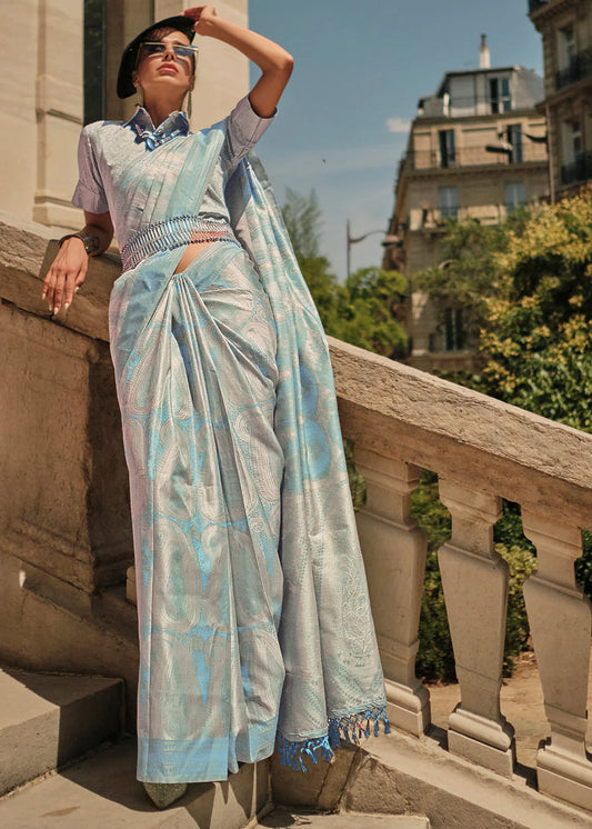 Sky color satin silk saree with blouse online 