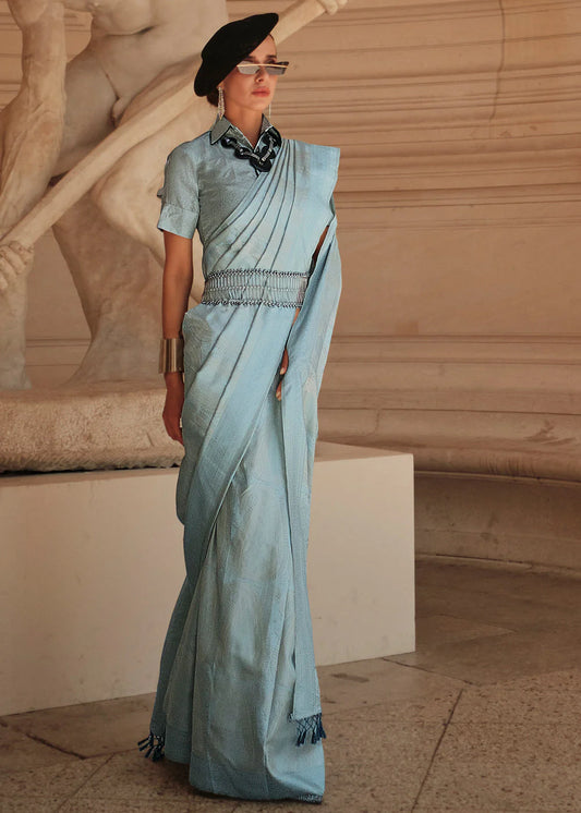 Sky color satin silk saree with blouse price 
