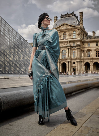 Teal green silk weaving saree