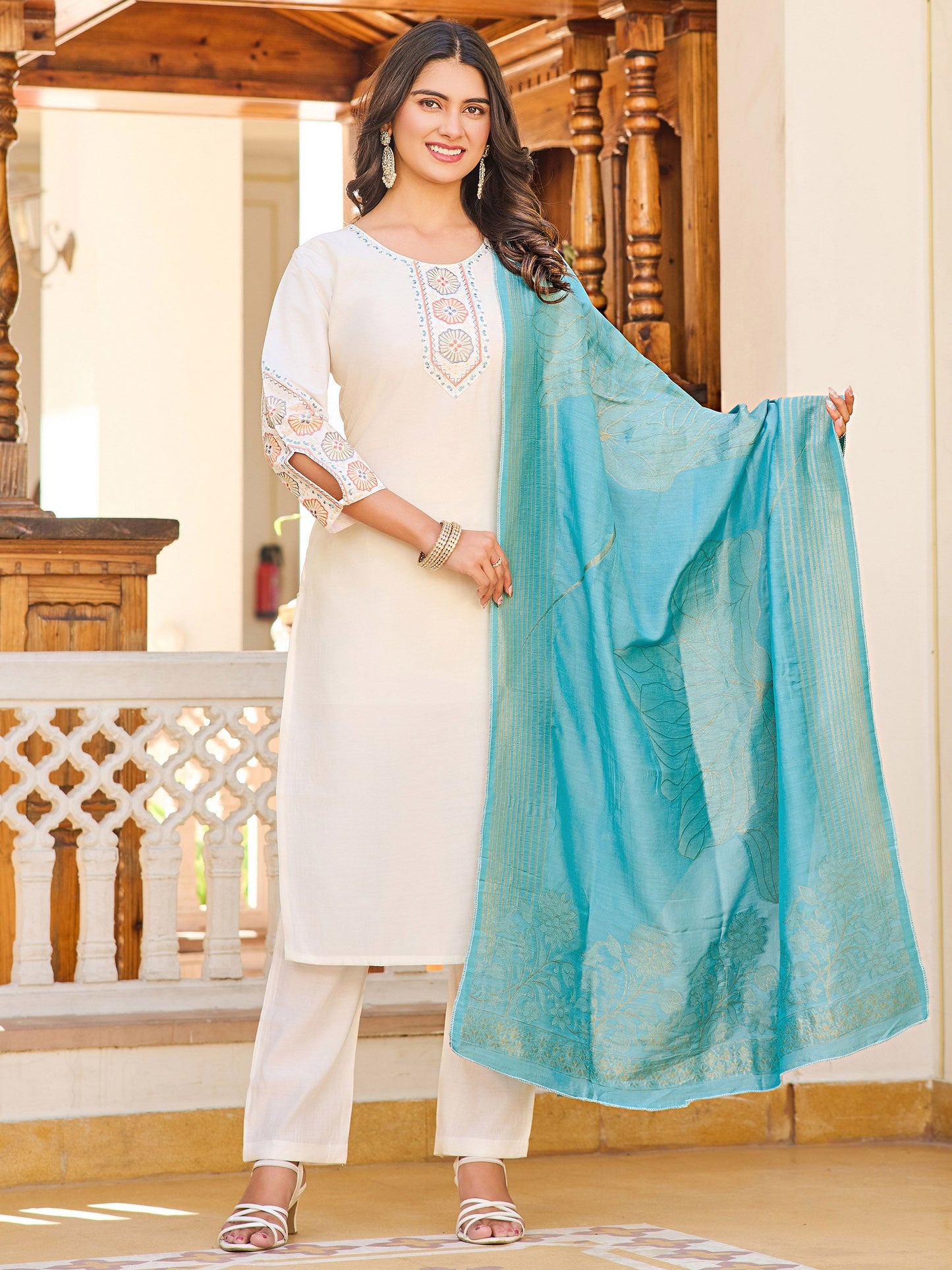 Cream color vatican salwar suit for women with dupatta
