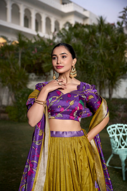 Mustard color dola silk printed lehenga choli for wedding
