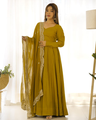 Long sleeve long mehendi silk gown for women
