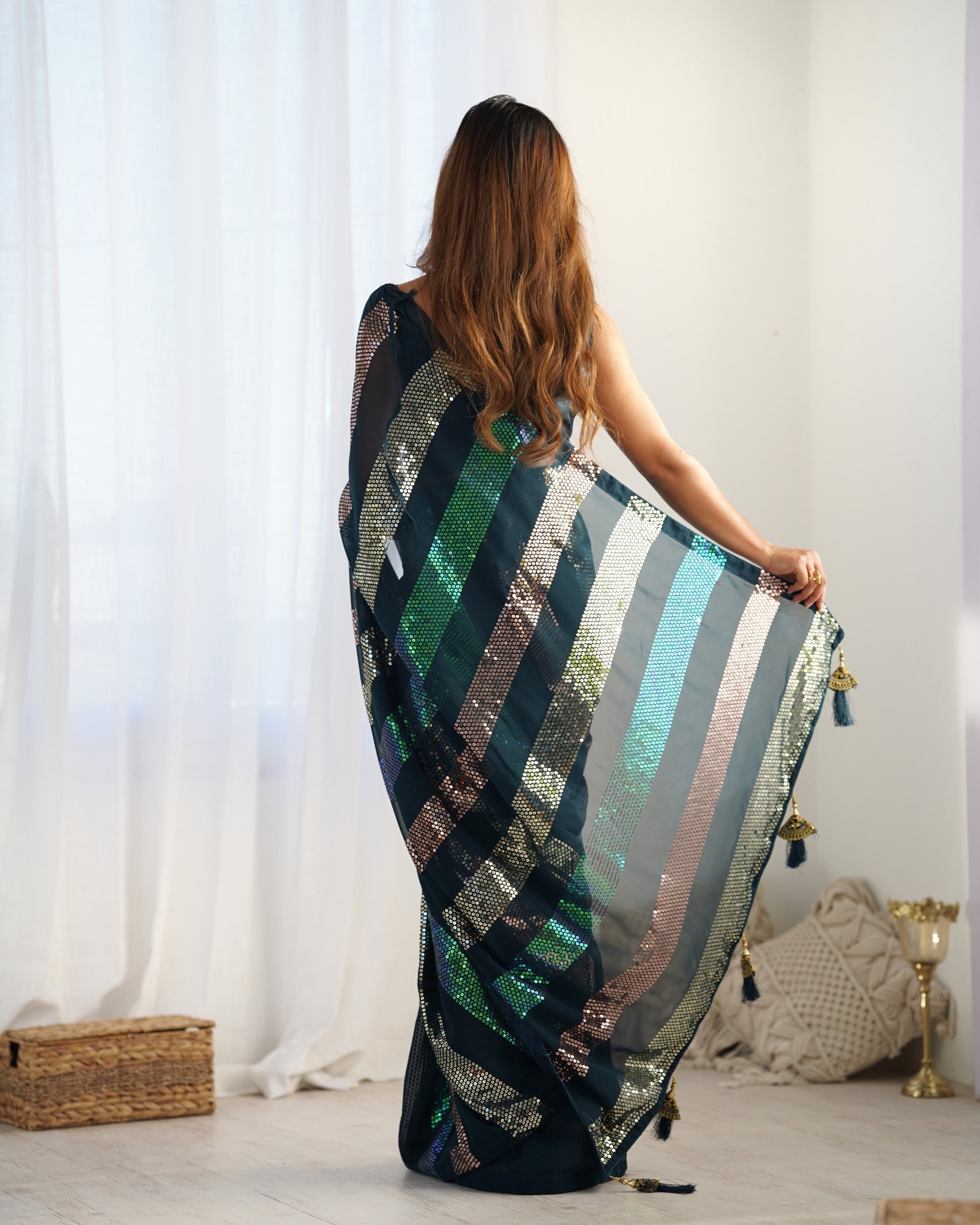 Teal blue georgette saree for wedding