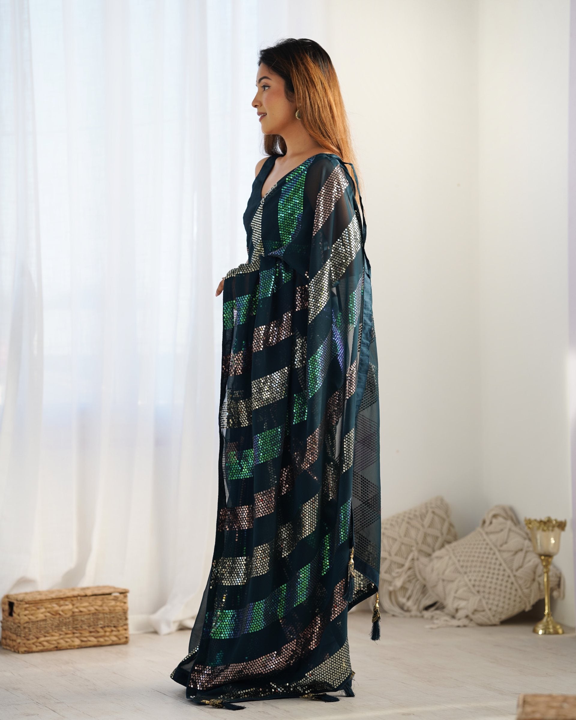 Teal blue georgette saree online shopping
