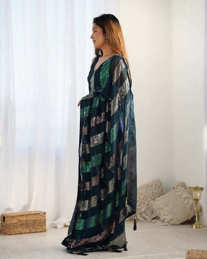 Teal blue georgette saree online shopping