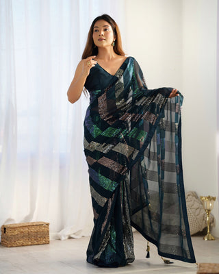 Teal blue georgette saree 