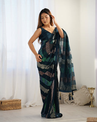 Teal blue georgette saree for women