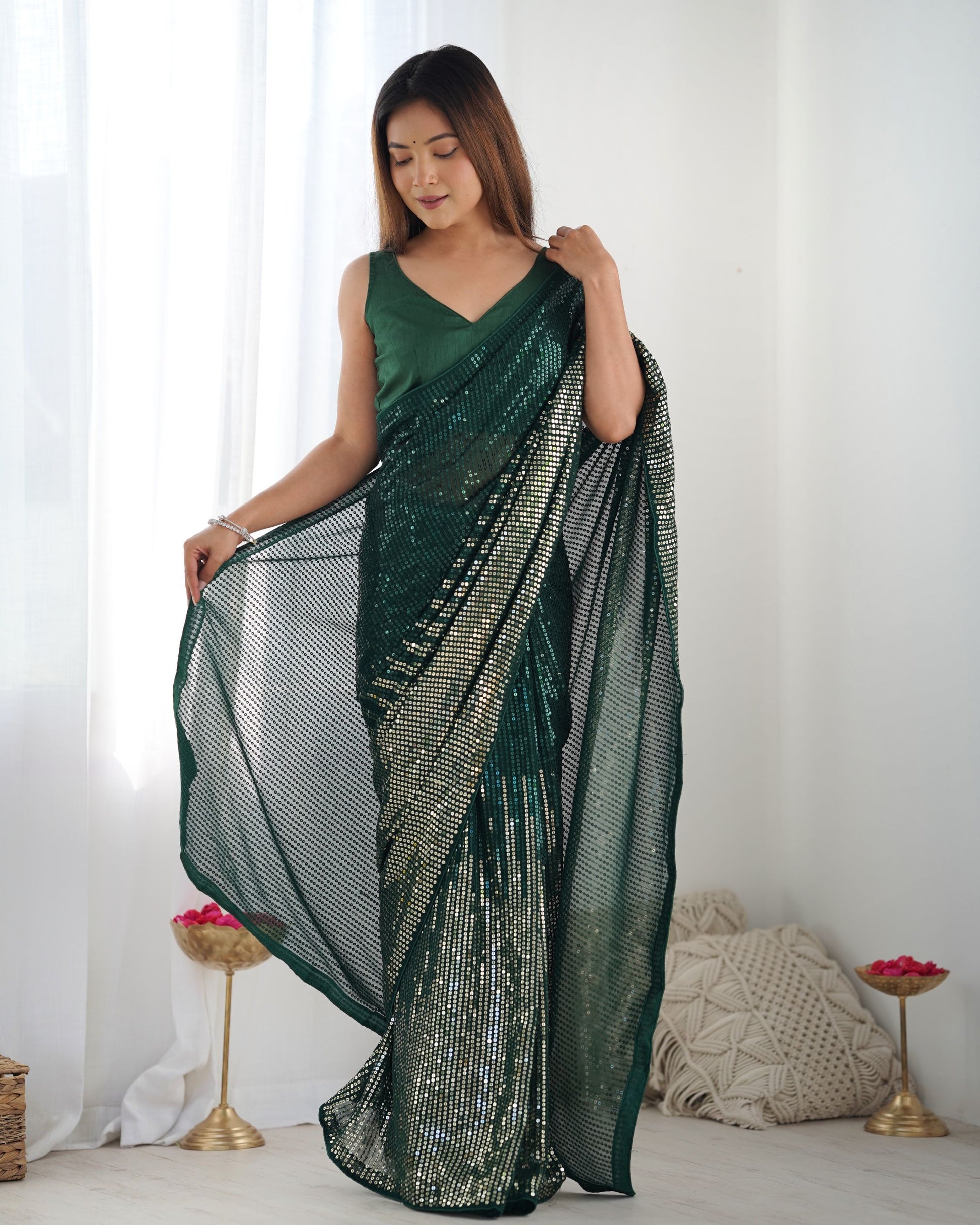 Dark green Georgette Saree
