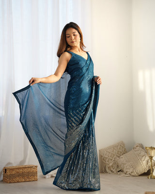 Teal blue color georgette saree for women