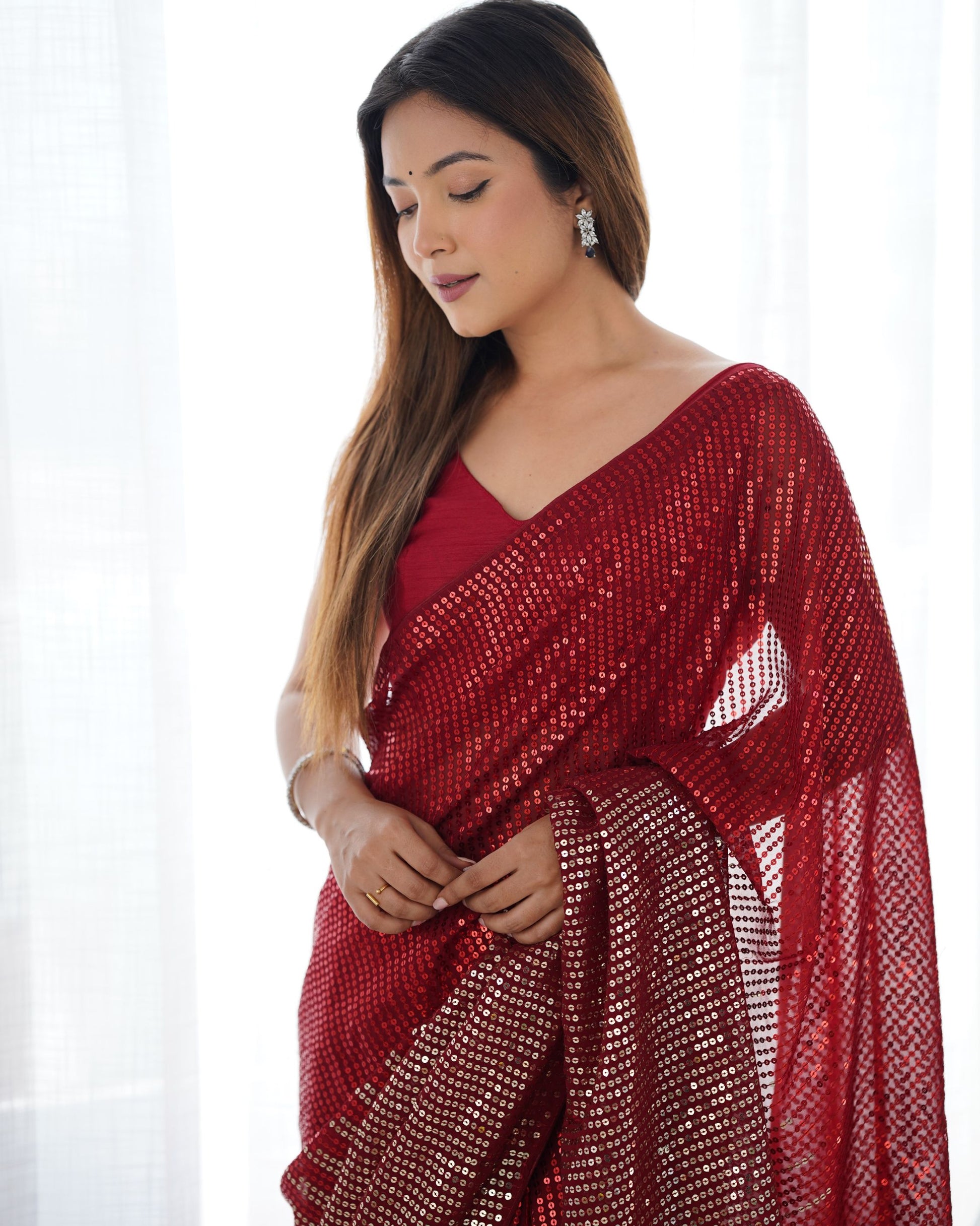 Red georgette Saree look
