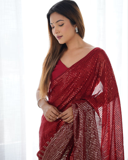 Red georgette Saree look
