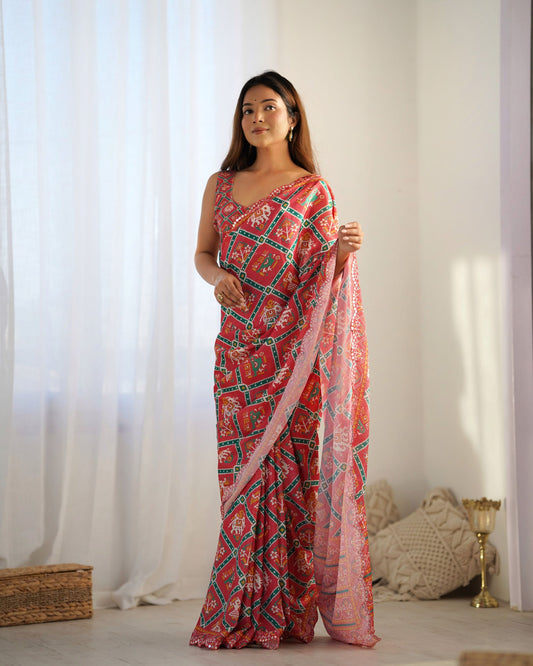 Red color chinon saree for women