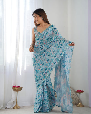 Blue color chinon saree with designer blouse