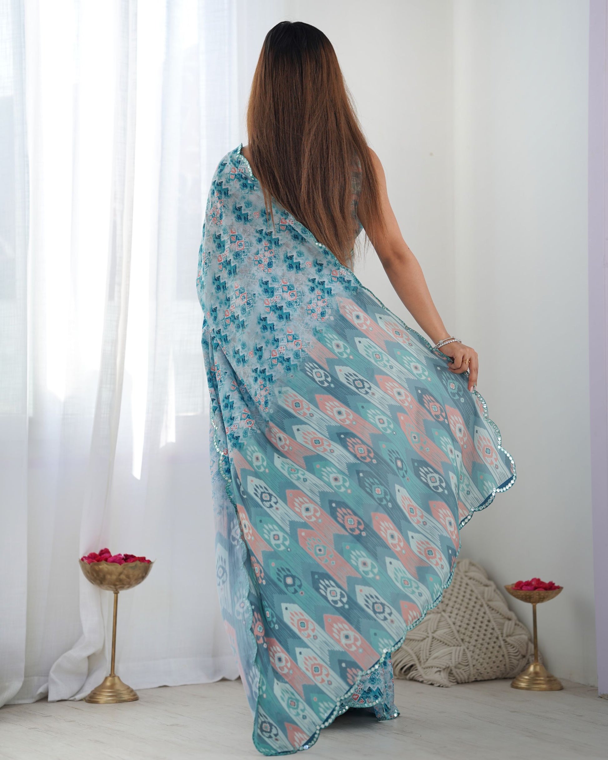 Blue color chinon saree online shopping