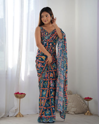 Navy Blue color chinon saree