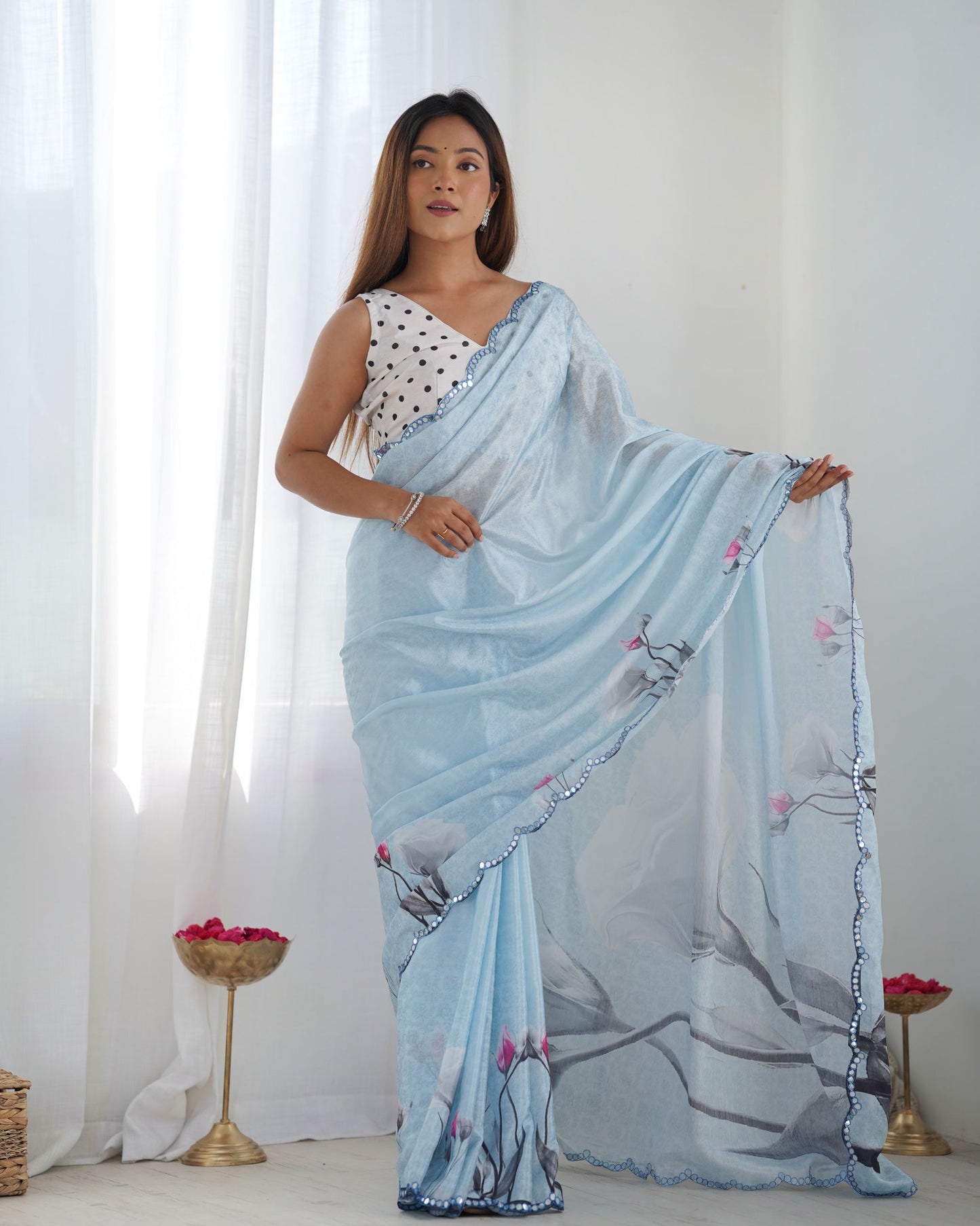Sky color chinon saree for women