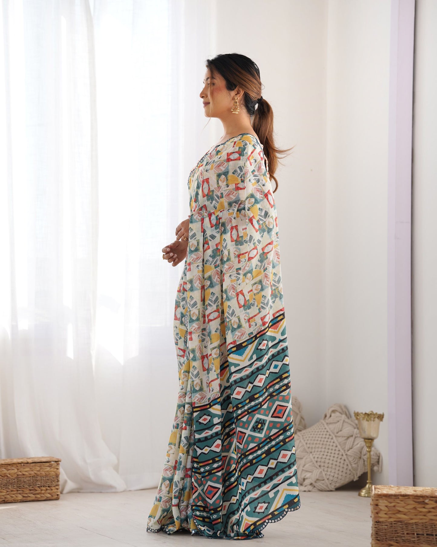 Off White color chinon saree online