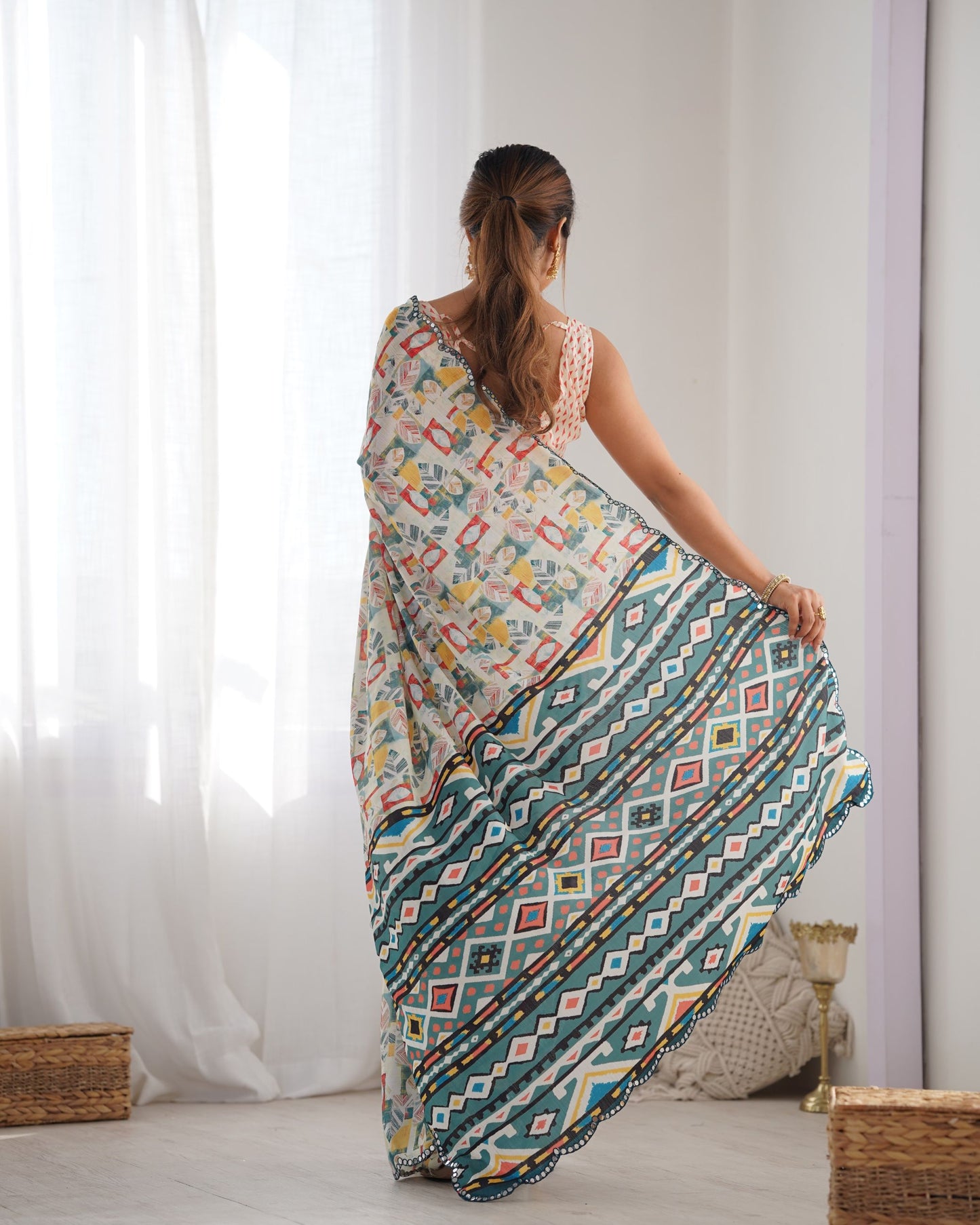 Off White color chinon saree online shopping