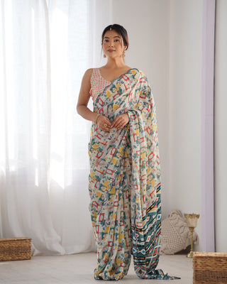 Off White color chinon saree for party