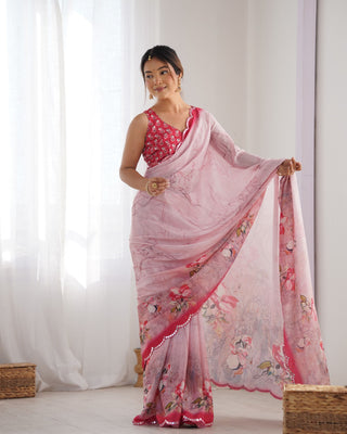 Pink color chinon printed saree