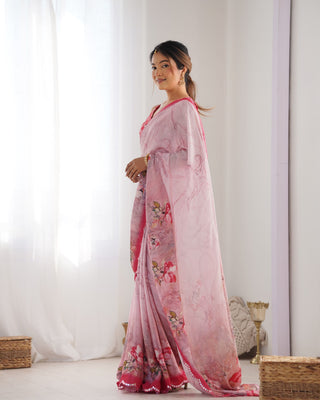 Pink color chinon printed saree online