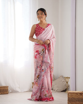 Pink color chinon printed saree for women