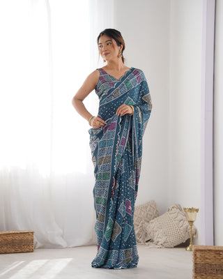 Blue color chinon printed saree for women