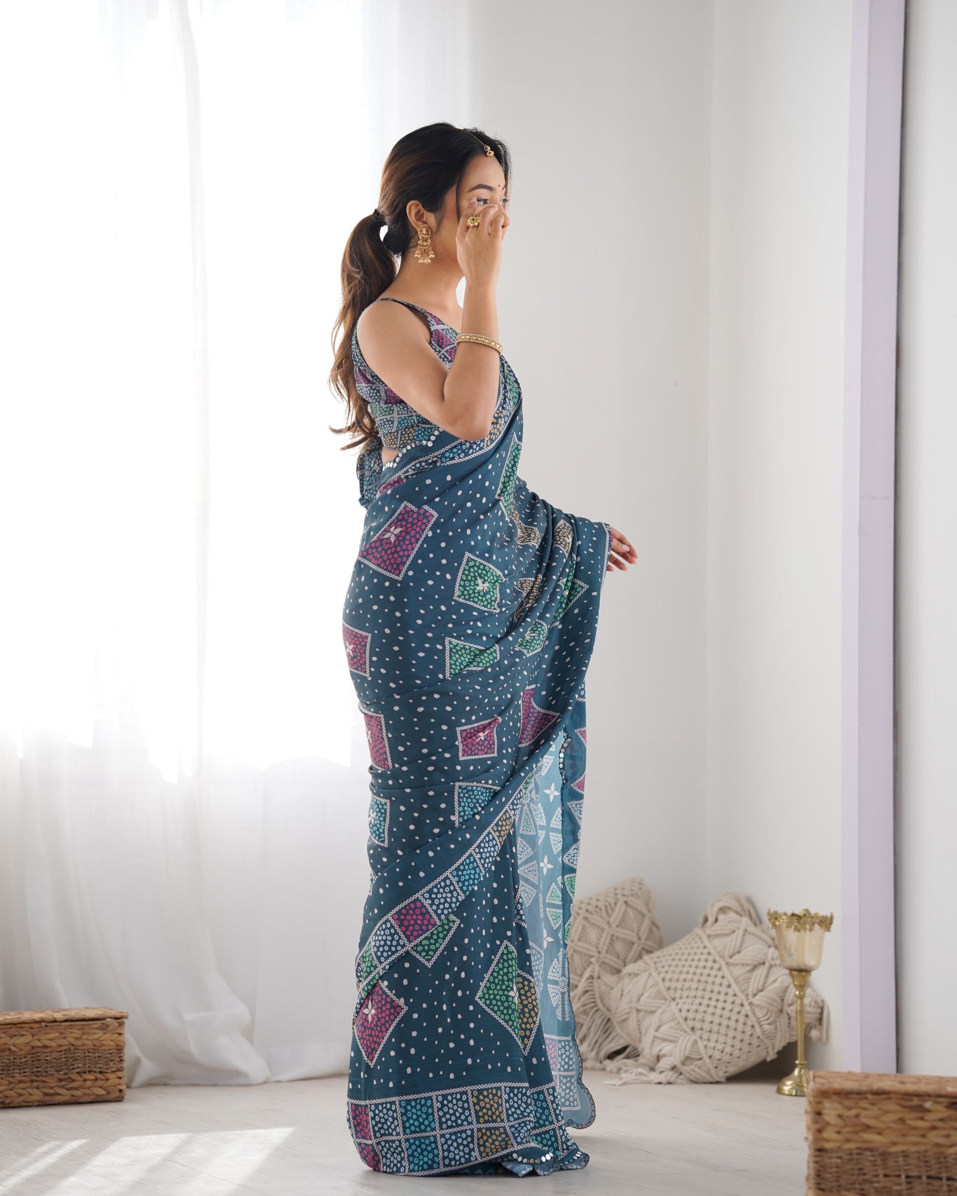 Blue color chinon printed saree price