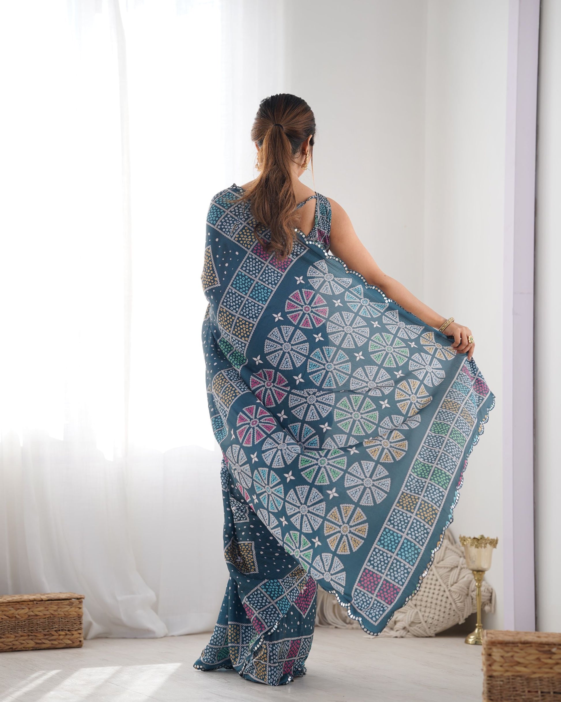 Blue color chinon printed saree images