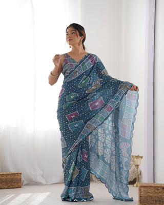 Blue color chinon printed saree online