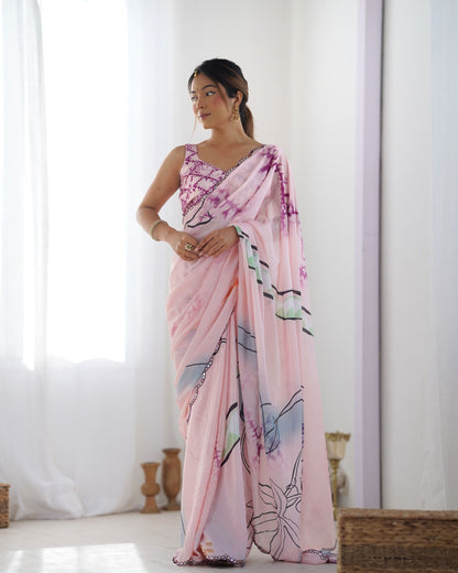 Pink color chinon saree for women