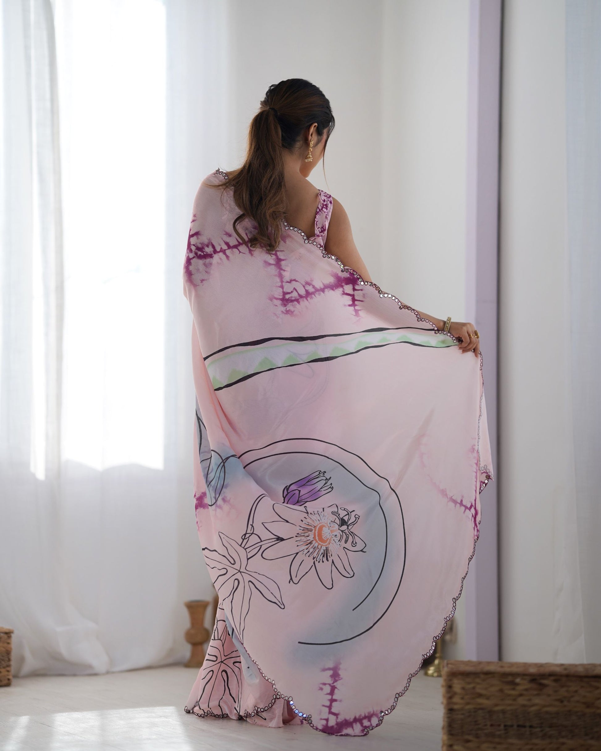 Pink color chinon saree with blouse