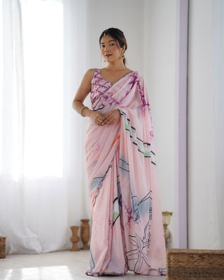 Pink color chinon traditional saree price