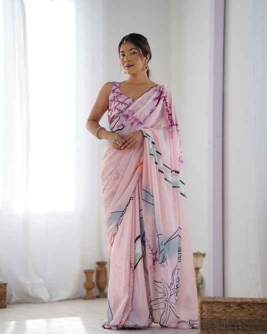 Pink color chinon traditional saree price